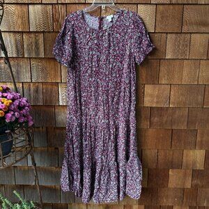 EUC J. Crew Short Sleeve Burgundy Floral Tiered Midi Dress in Women's X-Large
